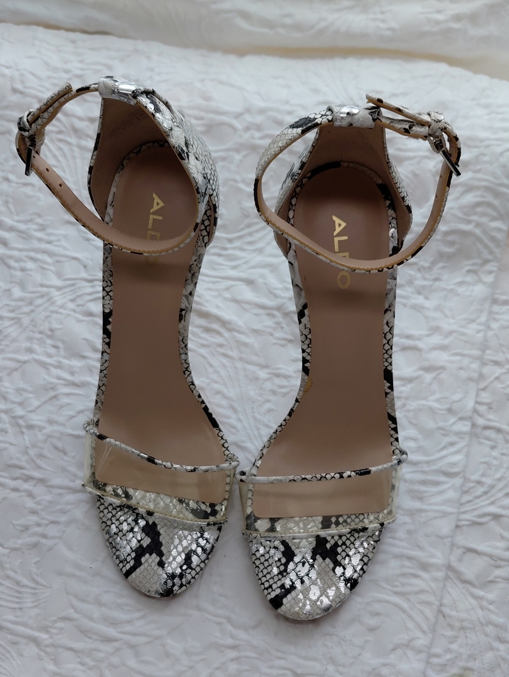 ALDO Snake-Print Ankle-Strap Heels in Black & Silver Sz 7.5